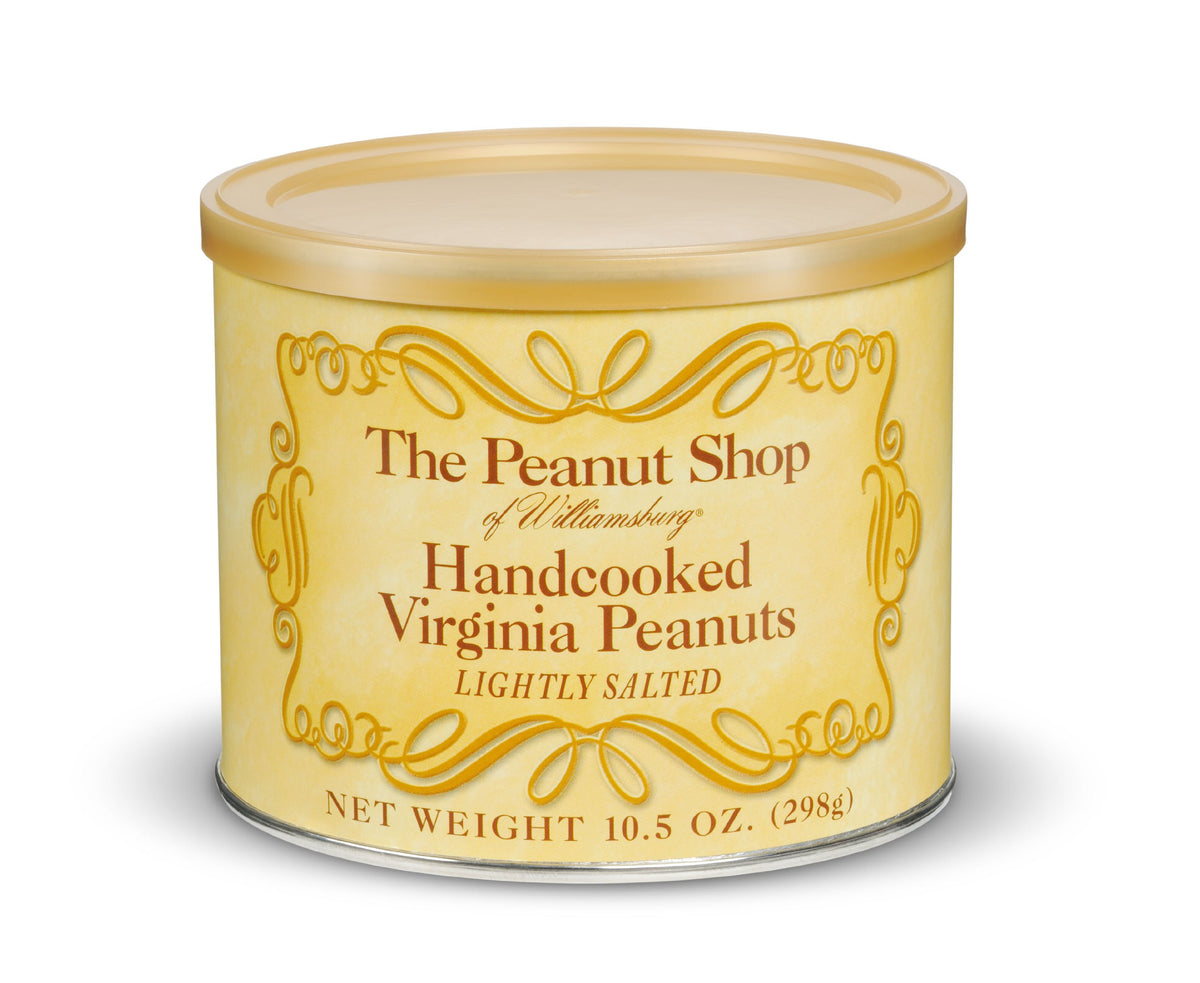 The Peanut Shop of Williamsburg handcooked lightly salted peanuts in tins, ideal for gifts and everyday snacking.
