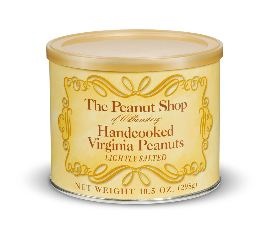 The Peanut Shop of Williamsburg handcooked lightly salted peanuts in tins, ideal for gifts and everyday snacking.