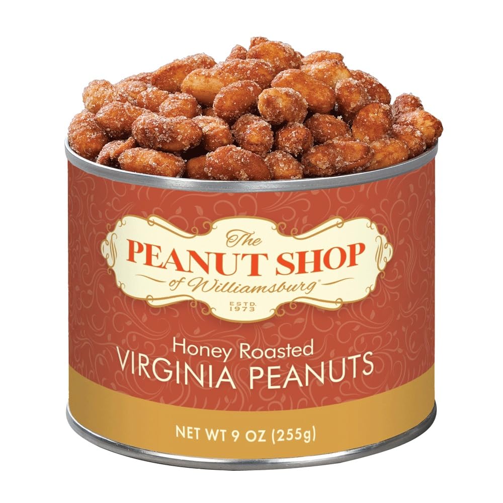 The Peanut Shop of Williamsburg honey roasted Virginia peanuts tin—crunchy, on-the-go snacking.