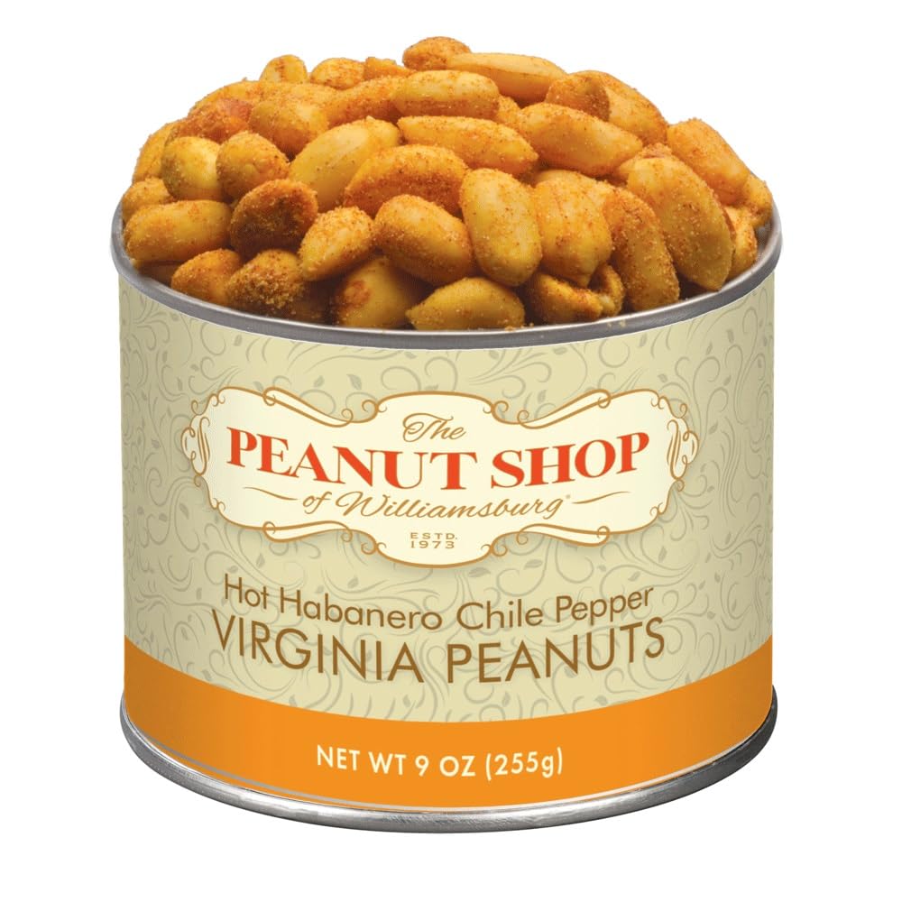 The Peanut Shop of Williamsburg hot habanero peanuts in a 10.5 oz tin for fiery snacking