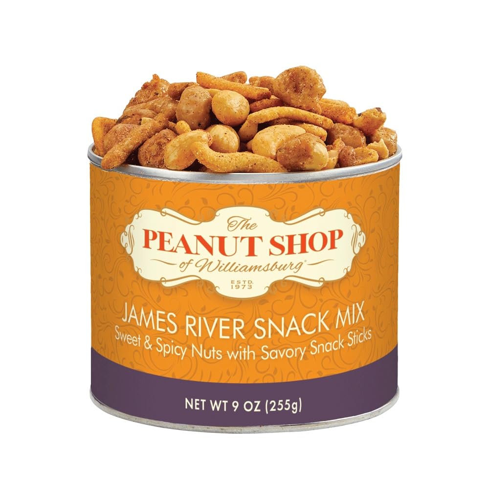 The Peanut Shop of Williamsburg James River Snack Mix in a 9 oz tin, ideal for on-the-go snacking.