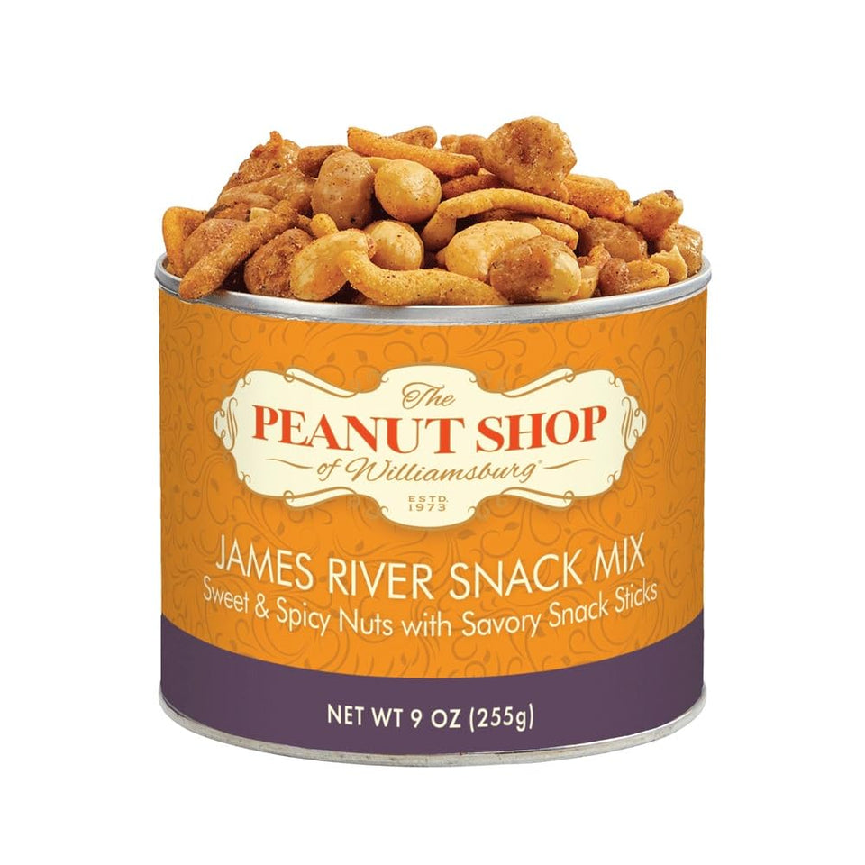 The Peanut Shop of Williamsburg James River Snack Mix in a 9 oz tin, ideal for on-the-go snacking.
