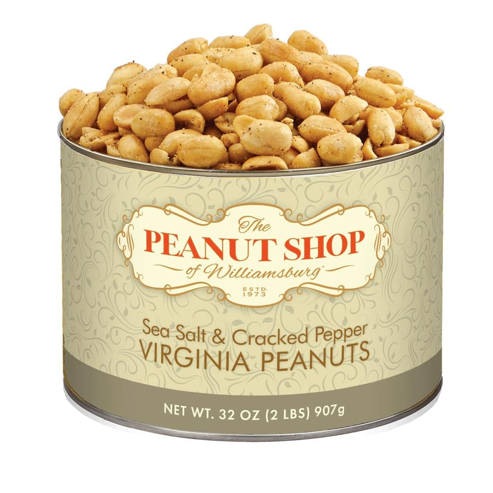 The Peanut Shop of Williamsburg salted Virginia peanuts in a 32-ounce tin, ideal for gatherings.