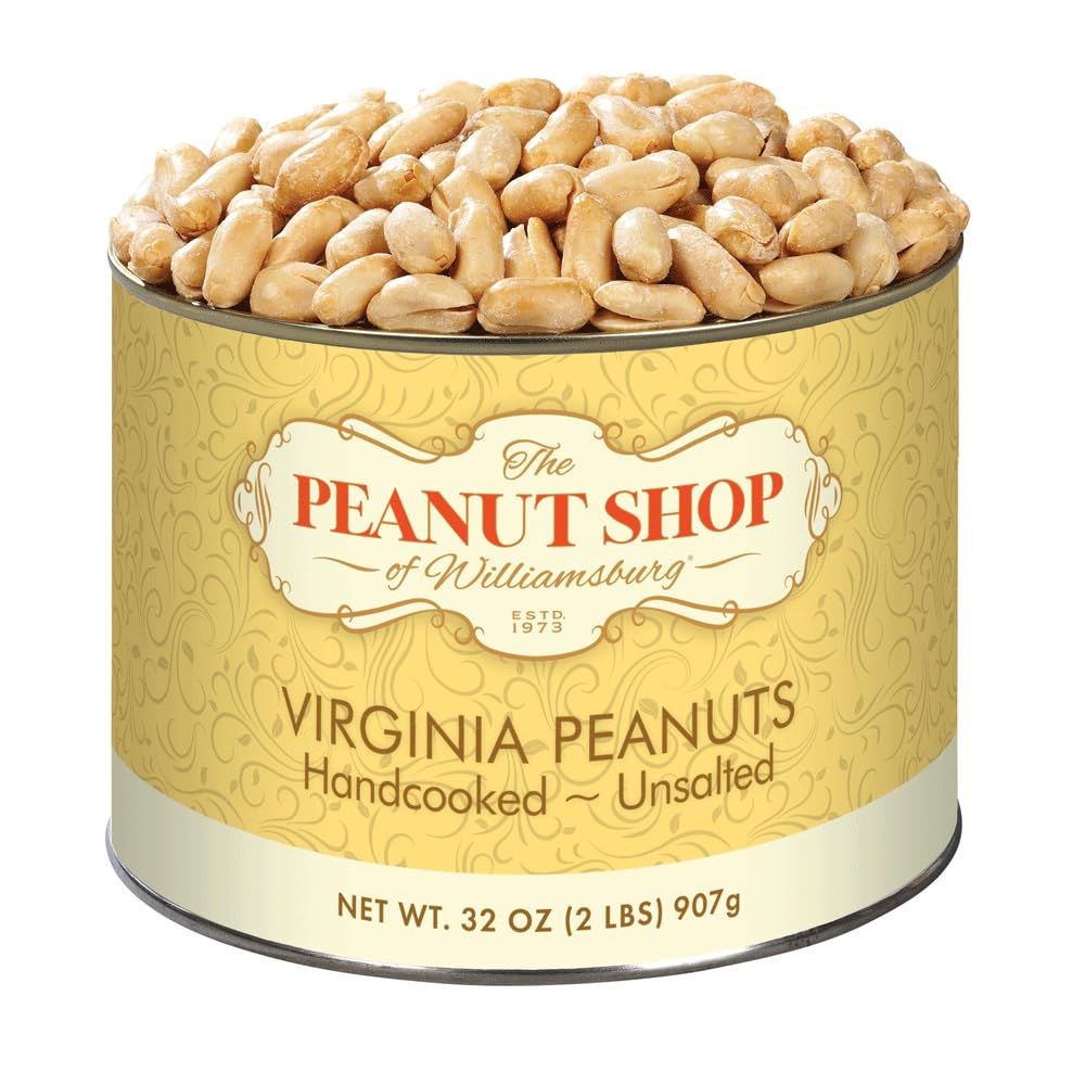 The Peanut Shop of Williamsburg unsalted Virginia peanuts in a 32 oz tin, gluten-free snack.