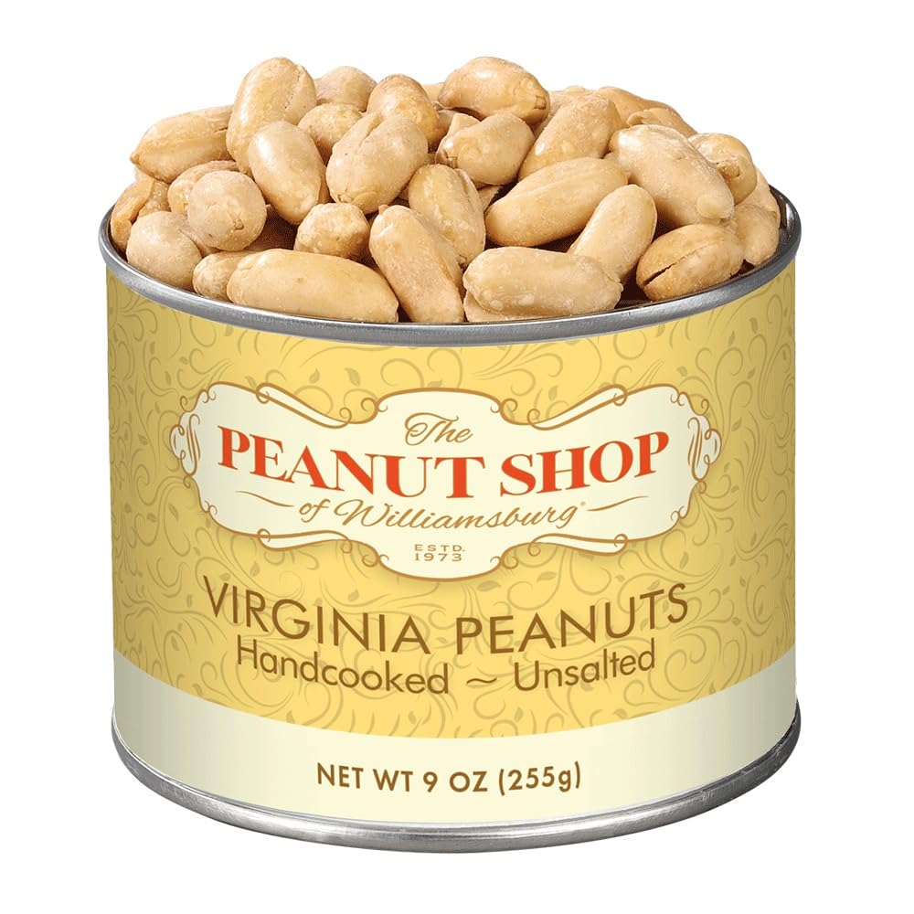 The Peanut Shop of Williamsburg unsalted Virginia peanuts in a 9 oz tin, ideal for clean snacking.