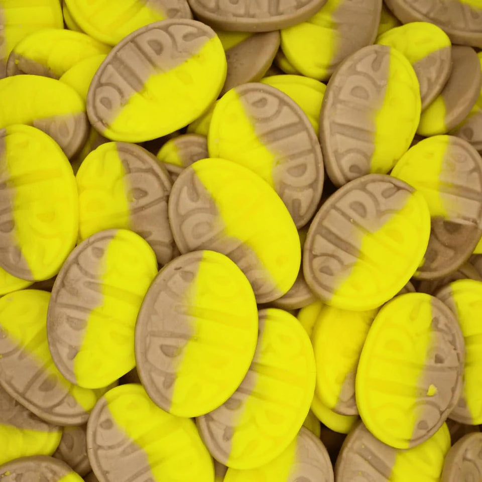 The Penny Candy Store BUBS banana caramel foam oval packaging, fresh and convenient.