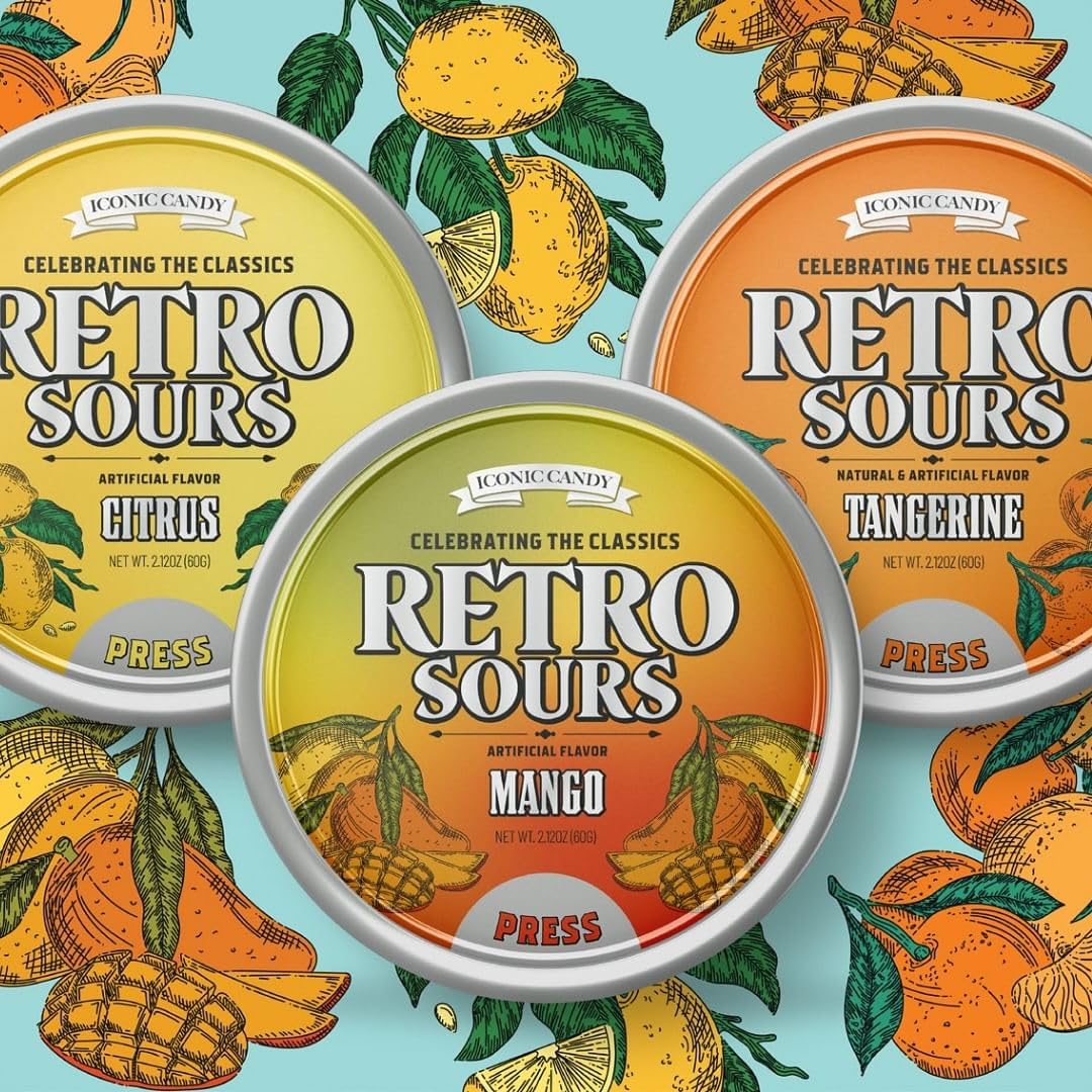 The Penny Candy Store Retro Sours 3-tin pack with tangy fruit flavors for nostalgic snacking.