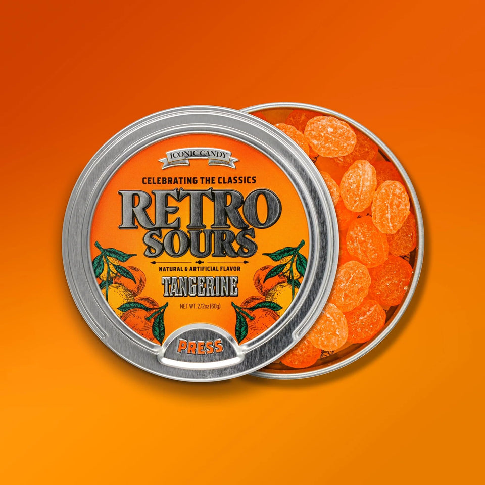The Penny Candy Store Retro Sours Tangerine Tin, tangy citrus flavor ideal for sharing.