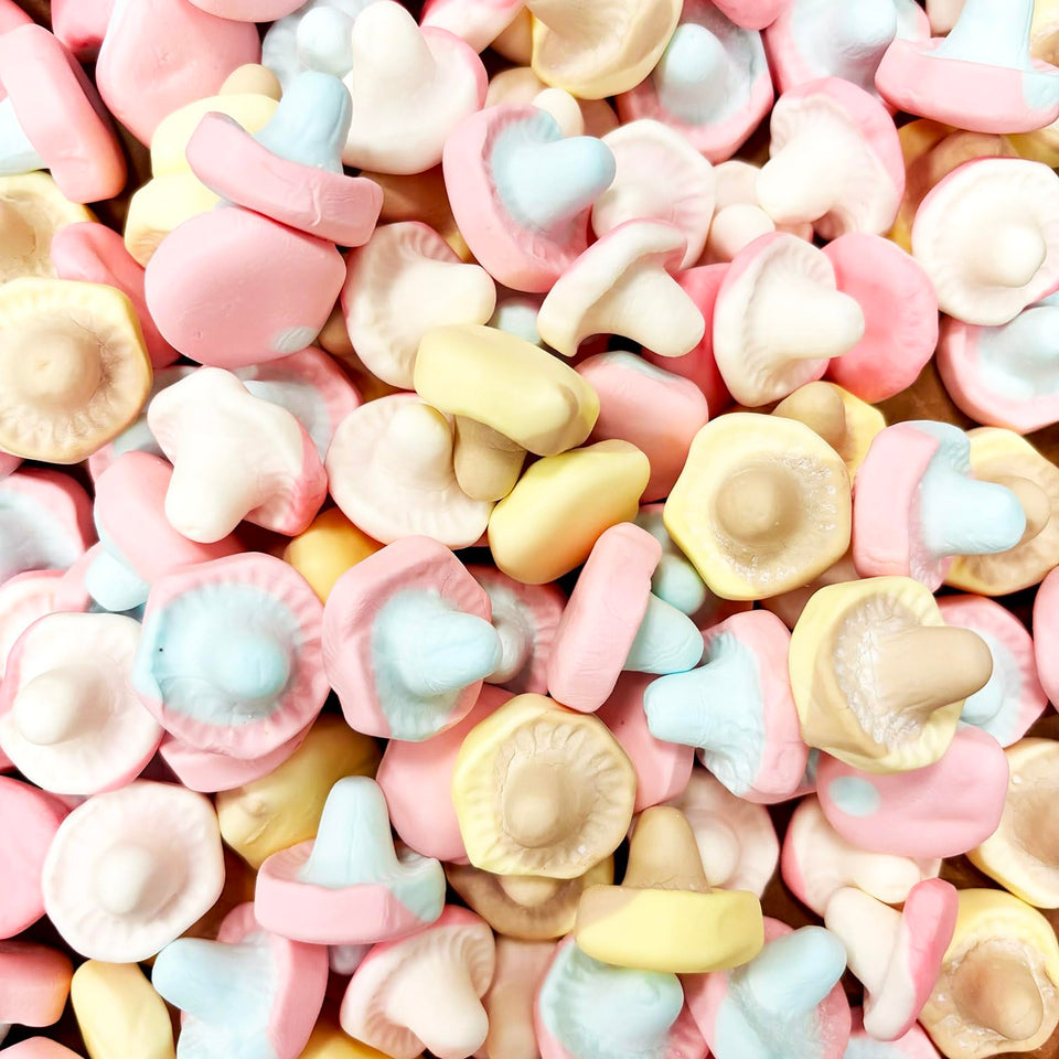 The Penny Candy Store Swedish Foam Mushroom Mix; soft foam mushrooms in three flavors for parties and gifting.