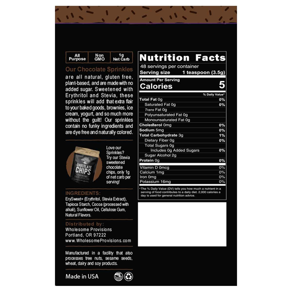 The People's Keto Company chocolate sprinkles in a jar; vegan, gluten-free topping.