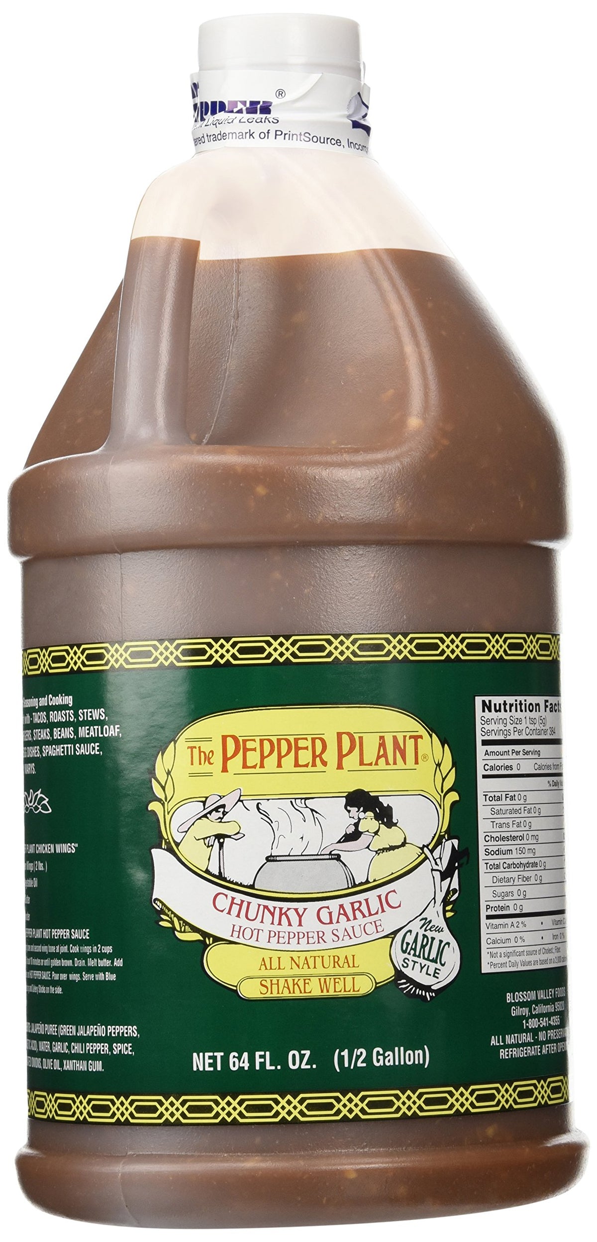 The Pepper Plant California Style Hot Sauce bottle pour with chunky garlic for flavorful, zesty meals.