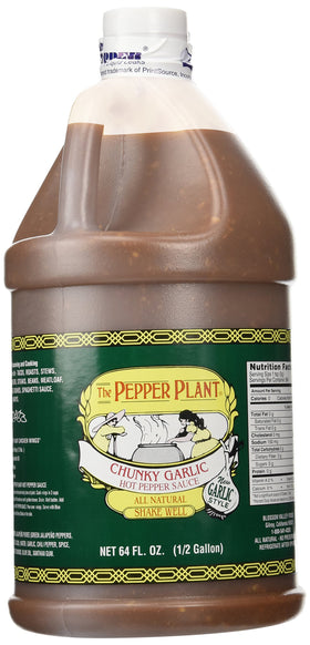 The Pepper Plant California Style Hot Sauce bottle pour with chunky garlic for flavorful, zesty meals.