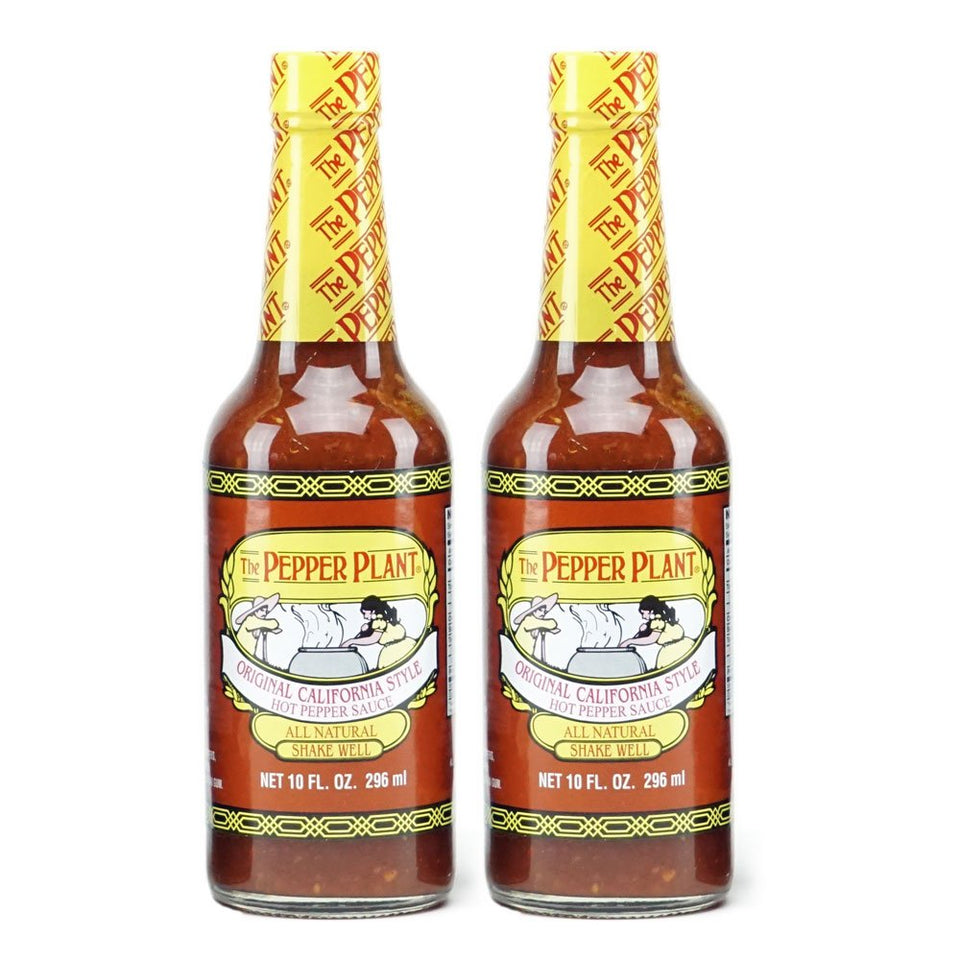 The Pepper Plant Original California Style Hot Pepper Sauce bottle pour, elevating soups, pizzas, and eggs.