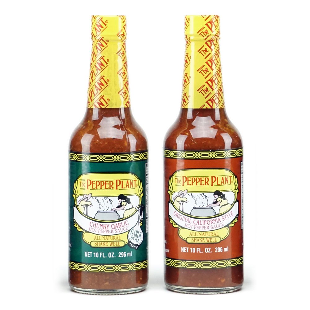 The Pepper Plant Original and Chunky Garlic hot sauce bottles on display add bold, versatile flavor to meals.