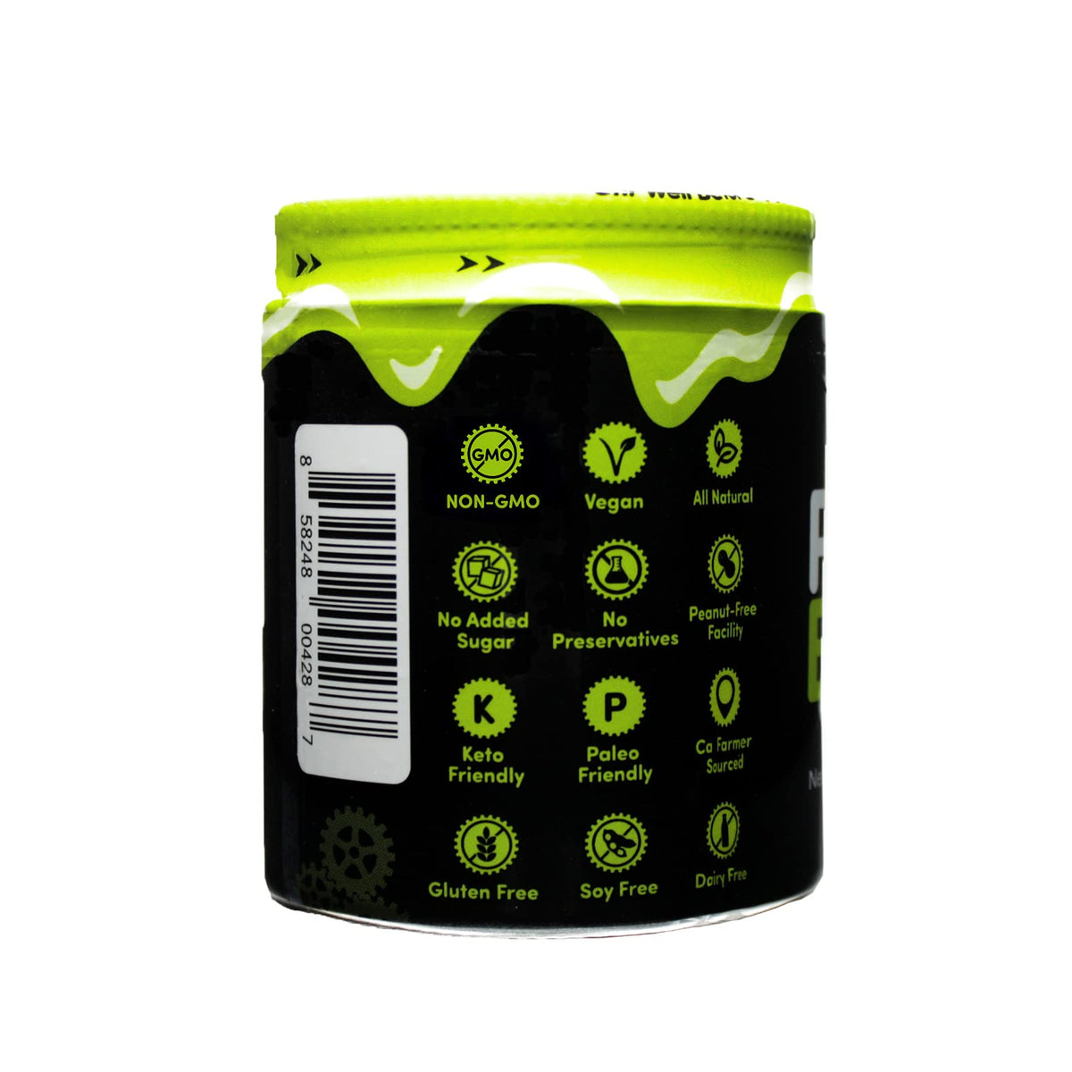 The Pistachio Factory pistachio butter jar back shows ingredients and nutrition.