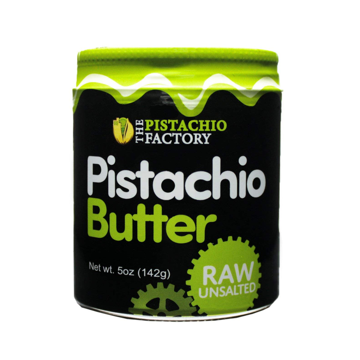 The Pistachio Factory pistachio butter jar front view with simple, natural spread.