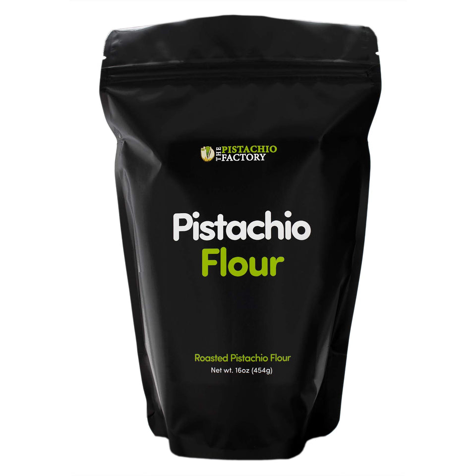 The Pistachio Factory pistachio flour in bag shows fine roasted texture for gluten-free baking