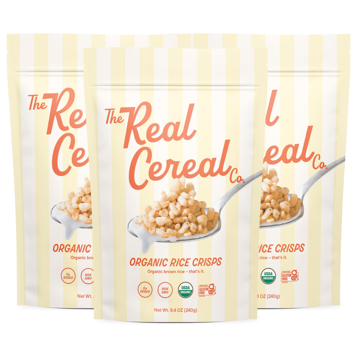 The Real Cereal Company organic brown rice crisps packaging with eco-friendly PCR materials.