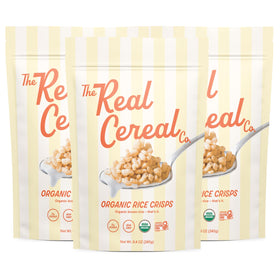 The Real Cereal Company organic brown rice crisps packaging with eco-friendly PCR materials.