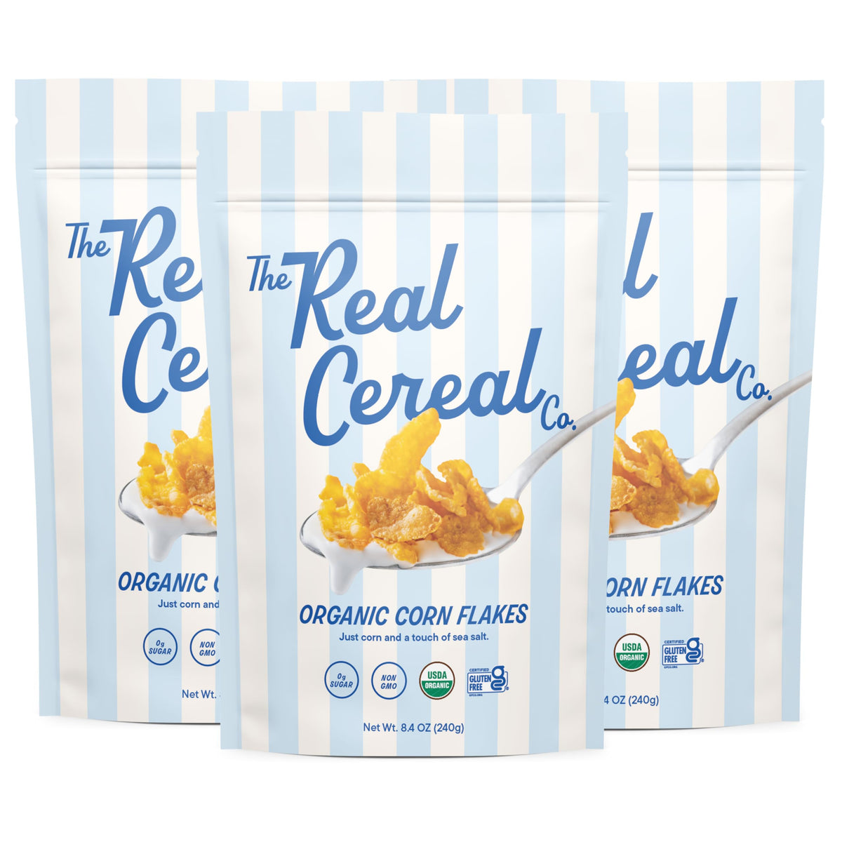 The Real Cereal Company organic corn flakes 3-pack front view, convenient sugar-free breakfast option