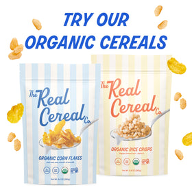The Real Cereal Company pouring brown rice crisps into a bowl for breakfast.