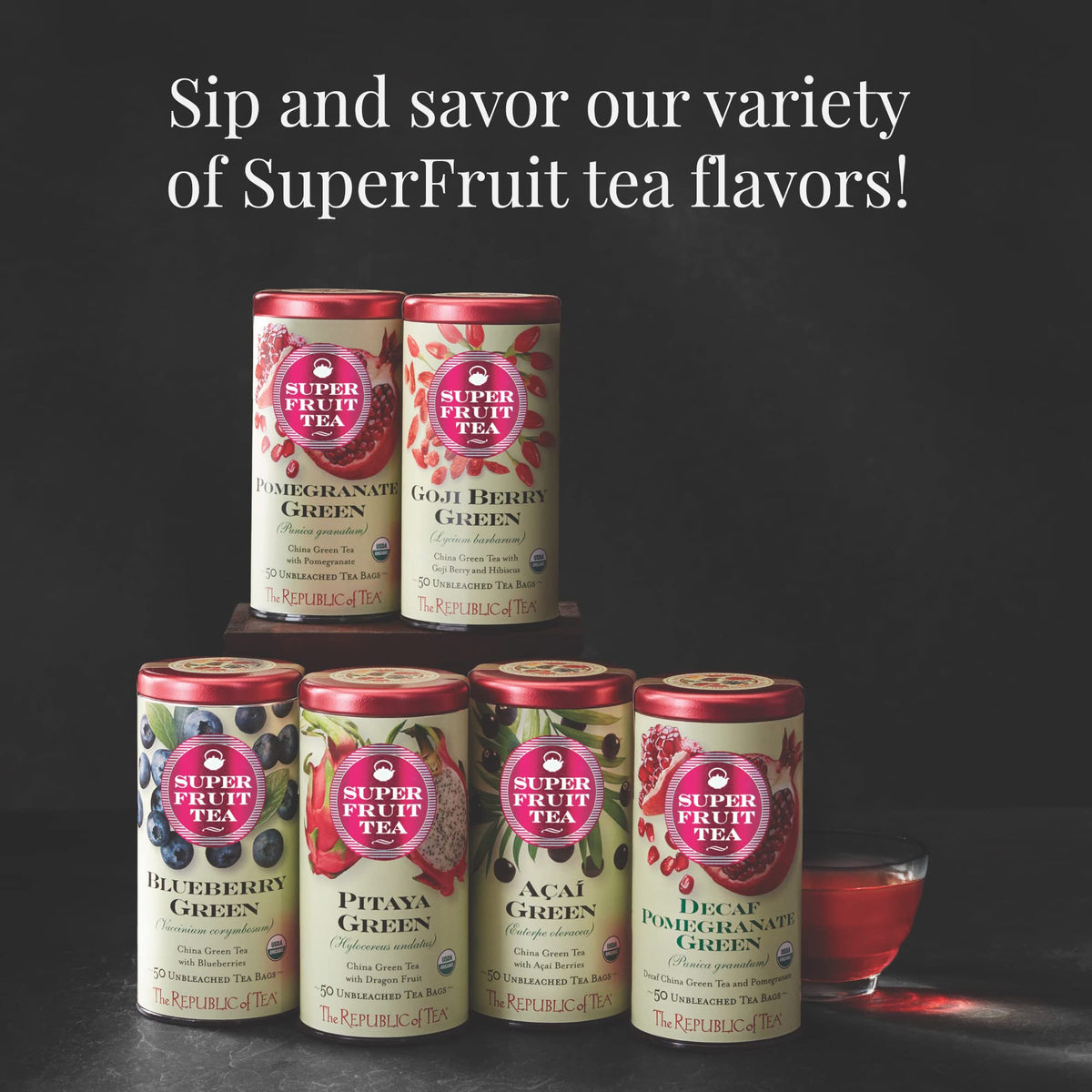 The label on The Republic of Tea Acai Berry Green Tea indicates premium organic blend.