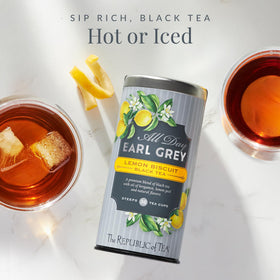 The Republic of Tea All Day Earl Grey Lemon Biscuit steeping setup for a simple daily brew.