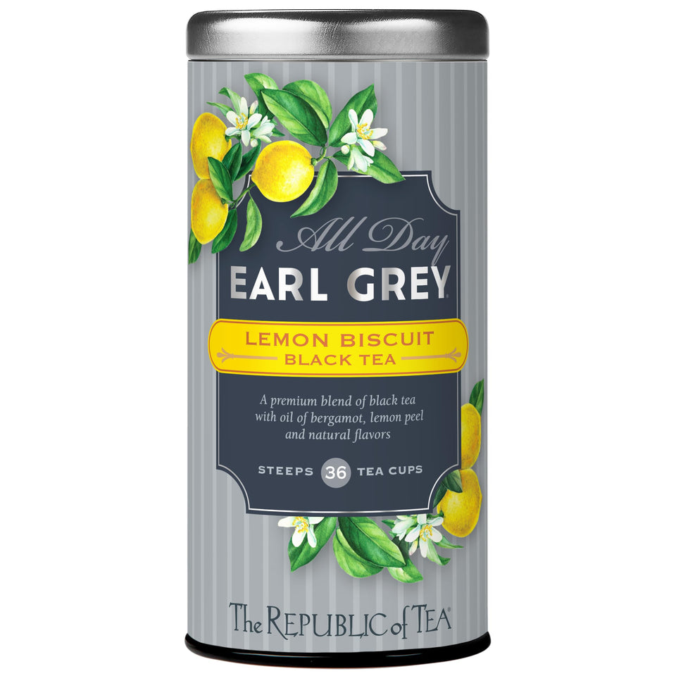 The Republic of Tea All Day Earl Grey Lemon Biscuit tea bags ready for a comforting daily ritual.