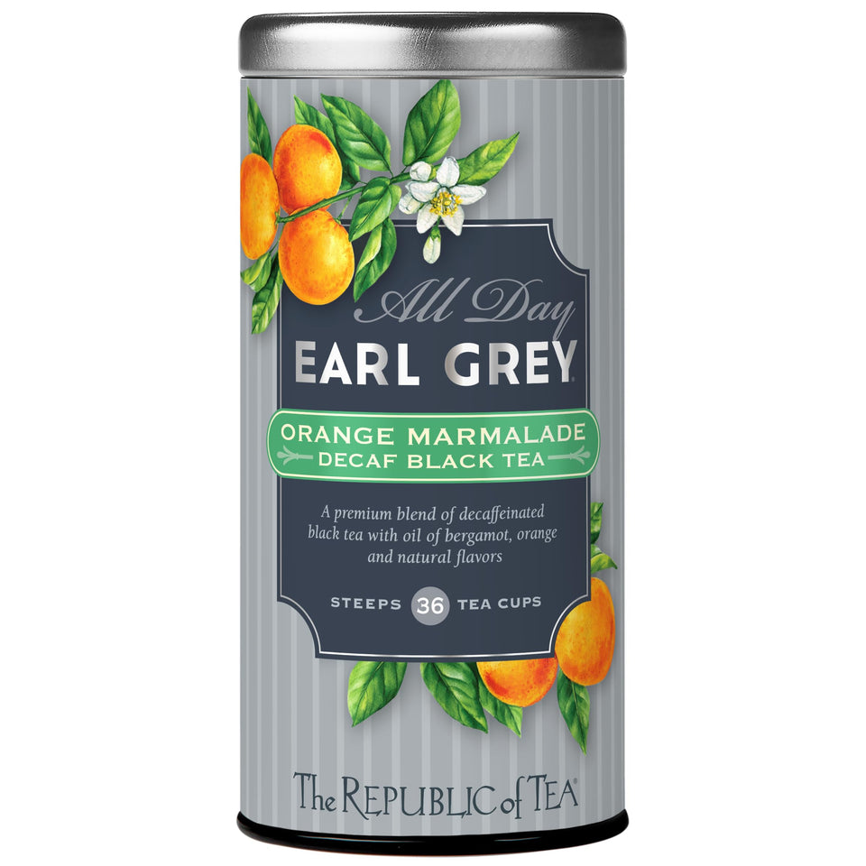The Republic of Tea all-day Earl Grey orange marmalade decaf tea bags for a relaxing teatime