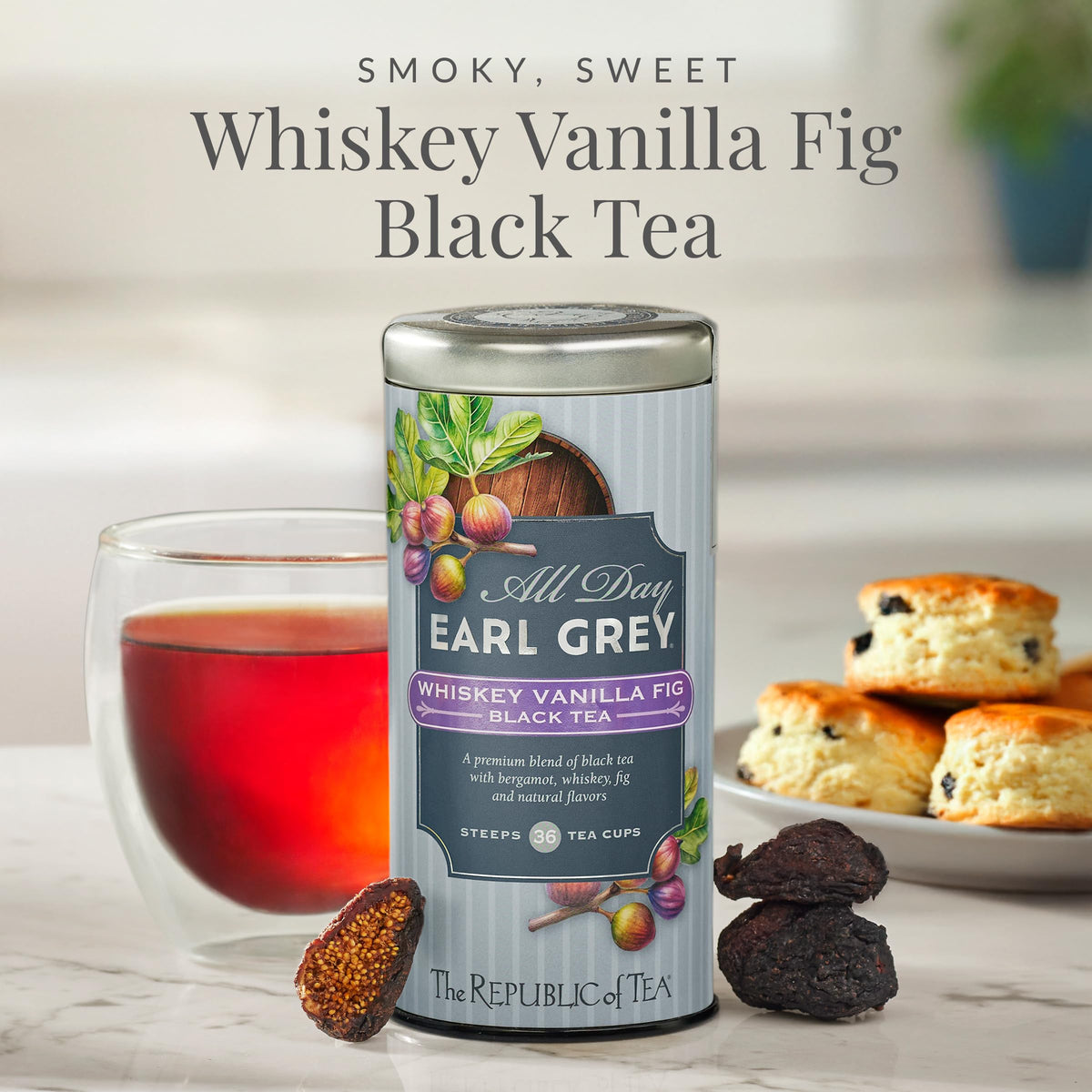 Cup served All Day Earl Grey Whiskey Vanilla Fig tea, inviting afternoon ritual