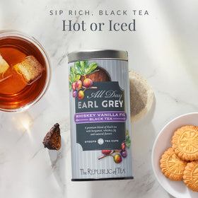Tea drawer display featuring All Day Earl Grey Whiskey Vanilla Fig