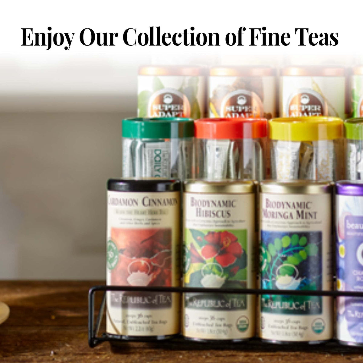 Packaging design of The Republic of Tea almond coconut macaroon tin on kitchen shelf