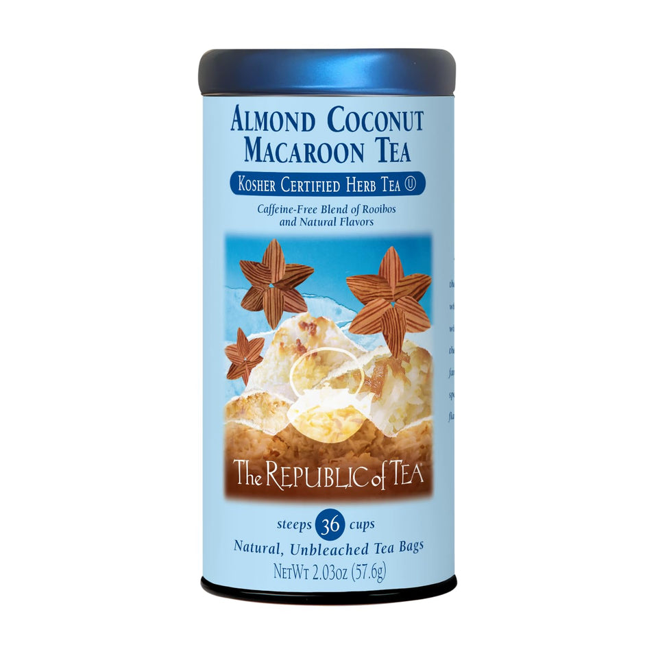 The Republic of Tea almond coconut macaroon tea bags tin front for gifting and flavor
