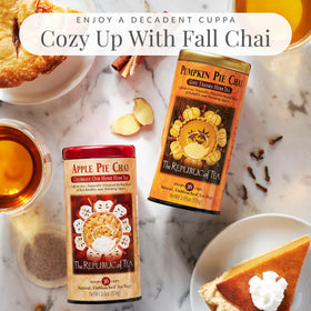The Republic of Tea Apple Pie Chai spice blend close-up highlighting cinnamon and cardamom.