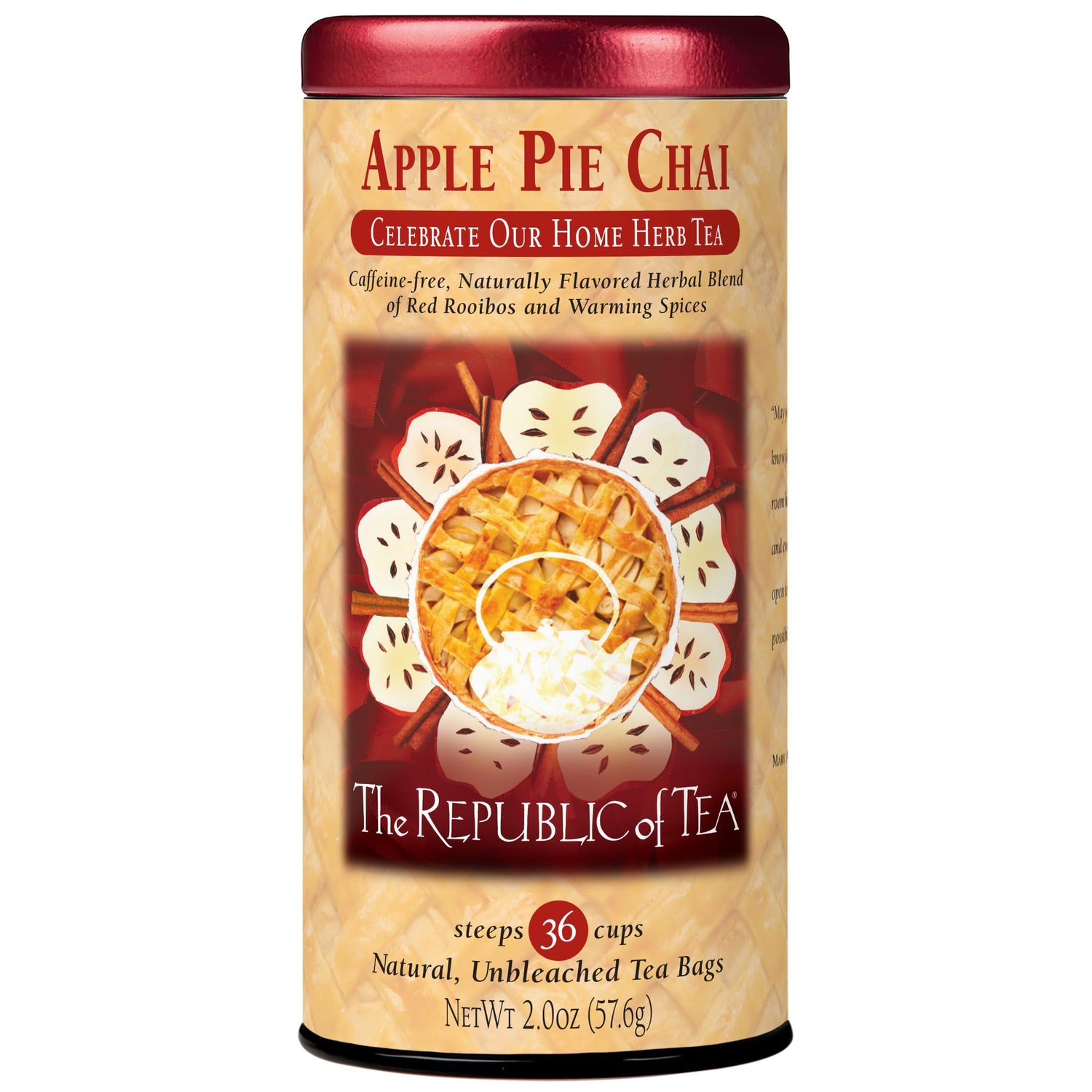 The Republic of Tea Apple Pie Chai tea bags for caffeine-free evenings.
