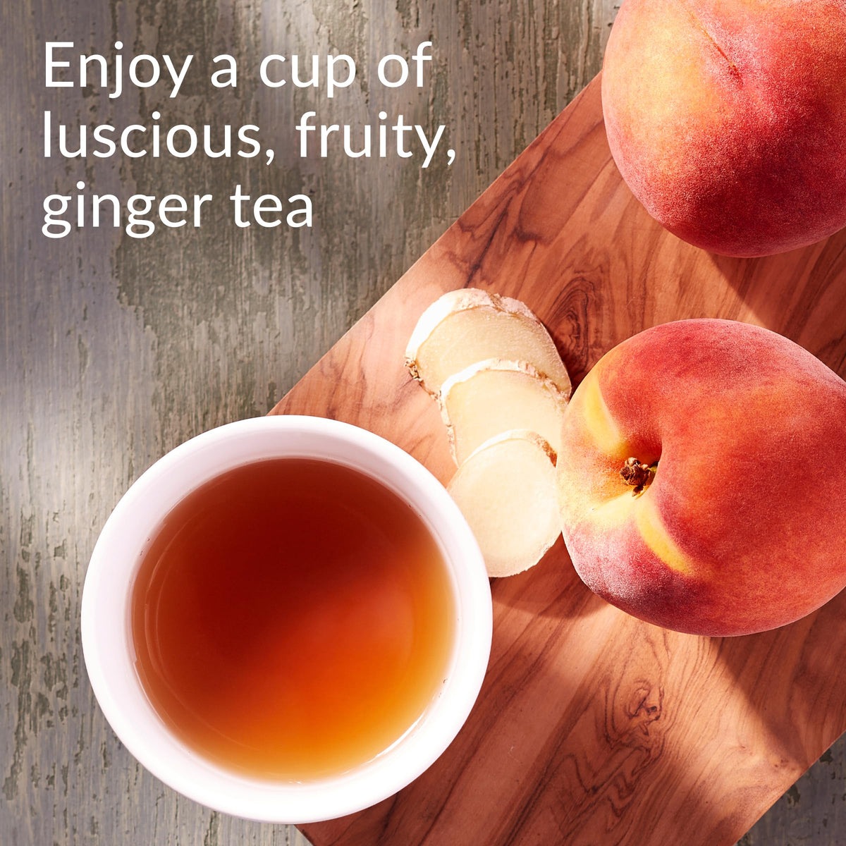 Aromas of ginger and peach rise from The Republic of Tea brew for a cozy moment.