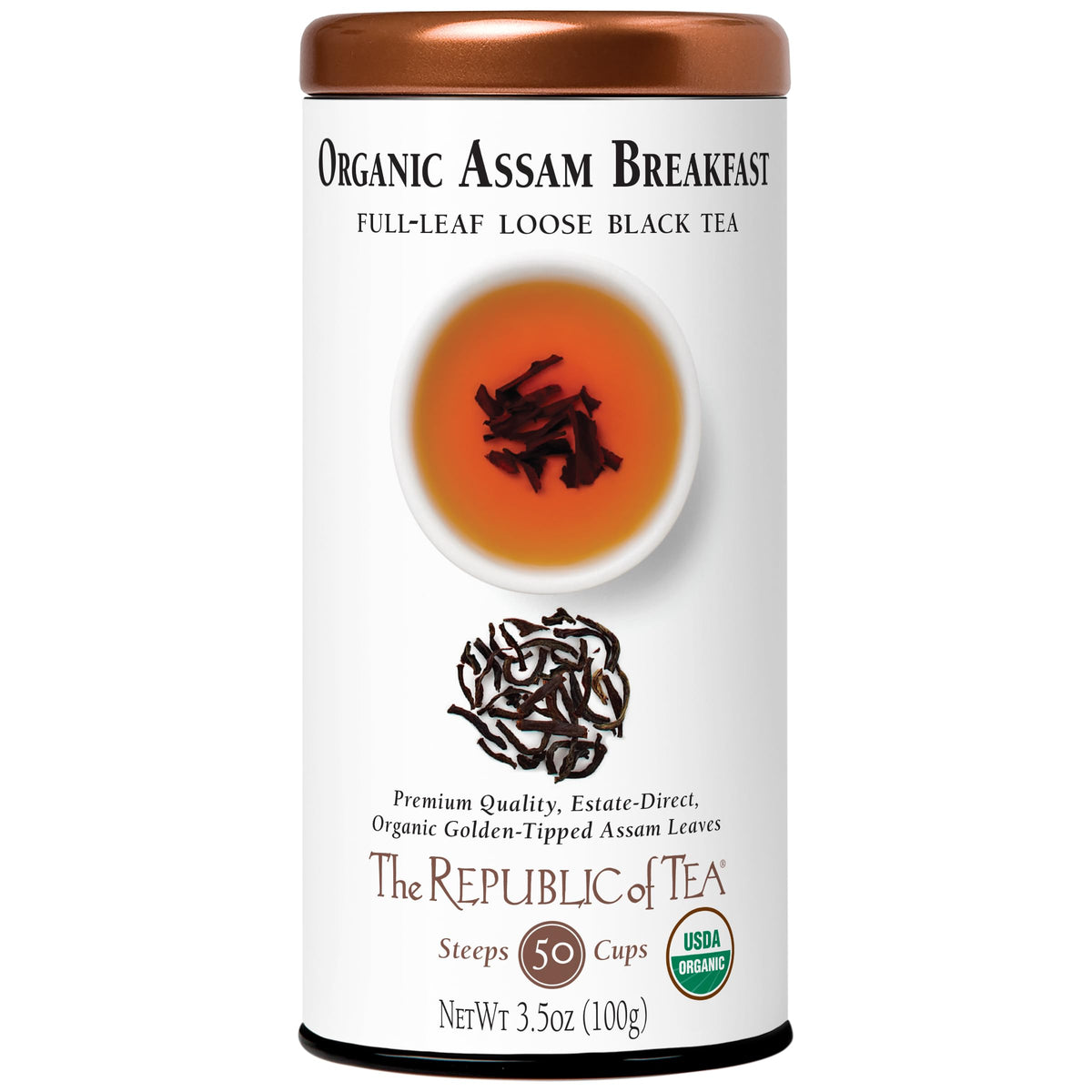 The Republic of Tea Assam Breakfast tin front, bold aroma for a hearty morning cup.