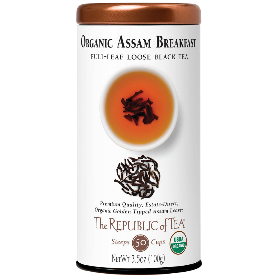 The Republic of Tea Assam Breakfast tin front, bold aroma for a hearty morning cup.