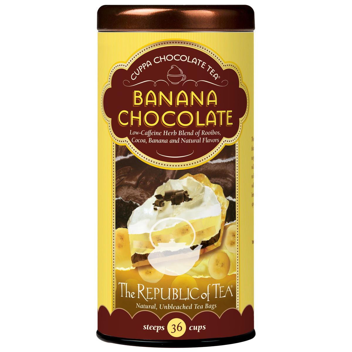 The Republic of Tea Banana Cuppa Chocolate tea bags packshot with indulgent dessert-like flavor