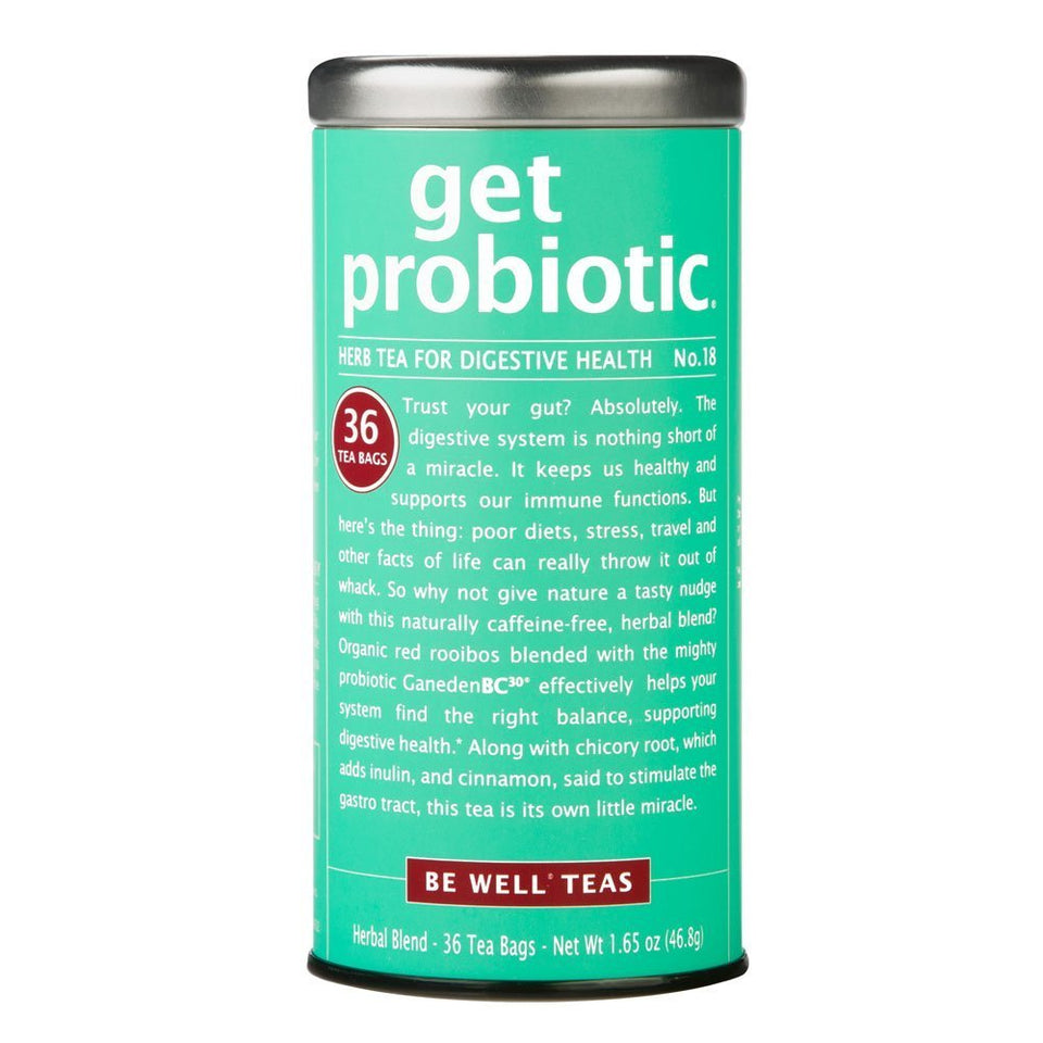 The Republic of Tea Be Well No. 18 probiotic herbal tea tin for digestive comfort.