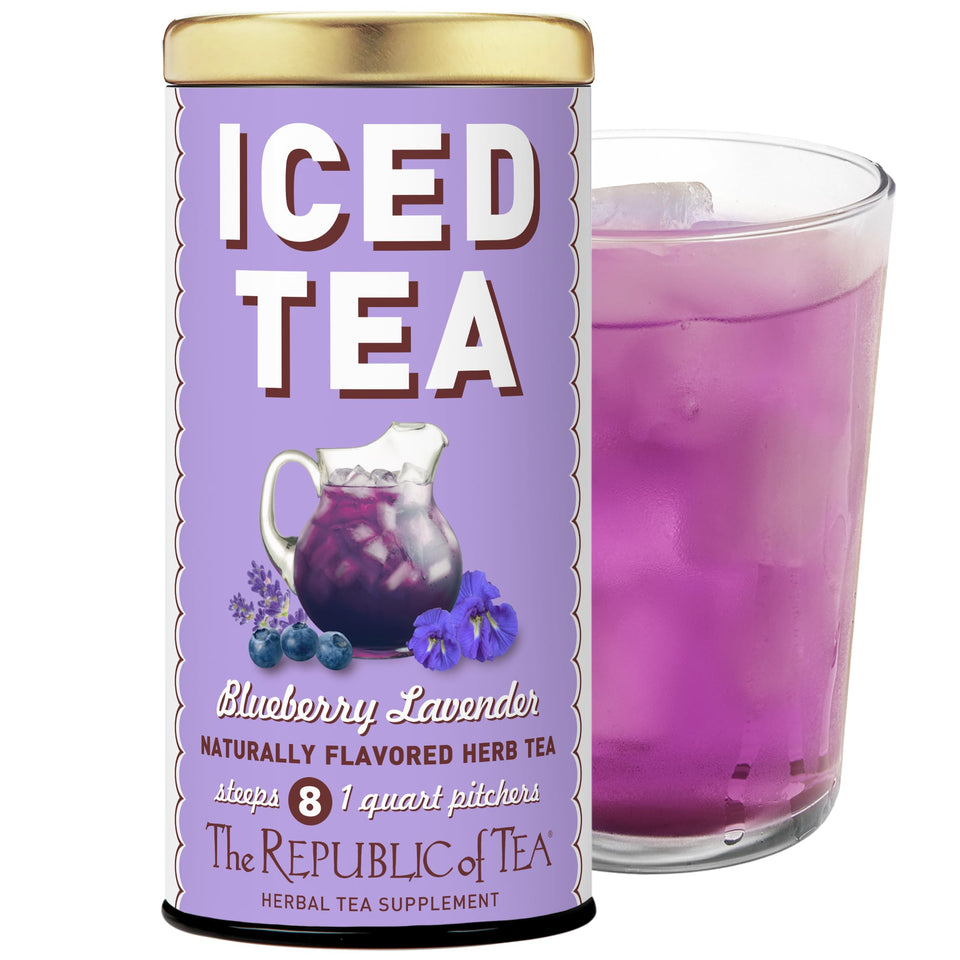 The Republic of Tea Beautifying Botanicals blueberry lavender tea bag close-up for refreshing iced tea