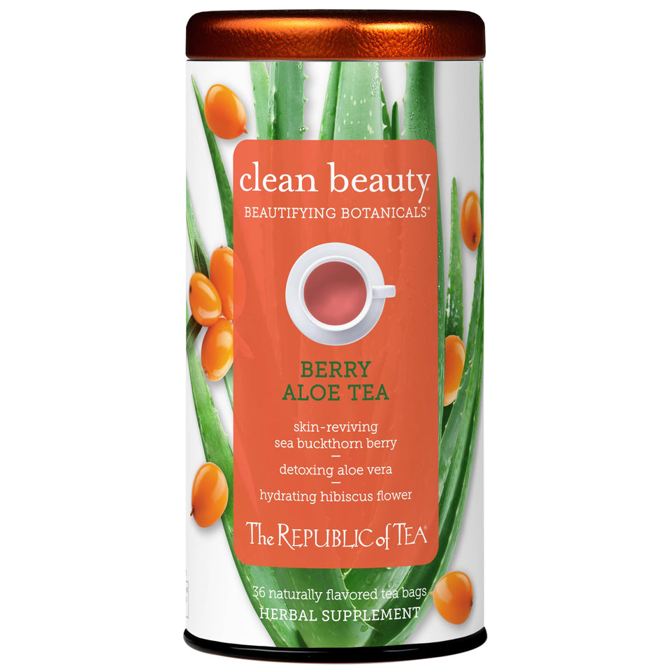 The Republic of Tea Beautifying Botanicals Berry Aloe tea bags inviting a soothing daily ritual.