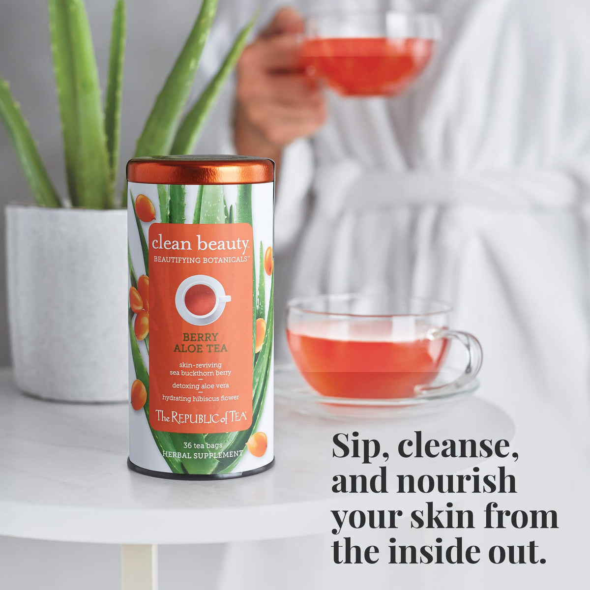 The Republic of Tea Beautifying Botanicals Berry Aloe tea box showcases a clean beauty-inspired experience.