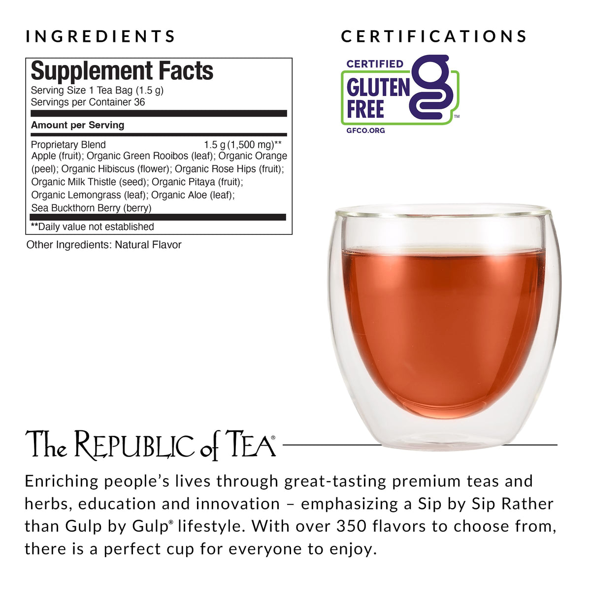 The Republic of Tea Beautifying Botanicals Berry Aloe tea close-up highlights berry and aloe notes.