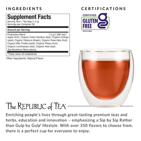The Republic of Tea Beautifying Botanicals Berry Aloe tea close-up highlights berry and aloe notes.