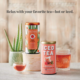 The Republic of Tea Beautifying Botanicals Berry Aloe tea steam rises over a cozy mug.