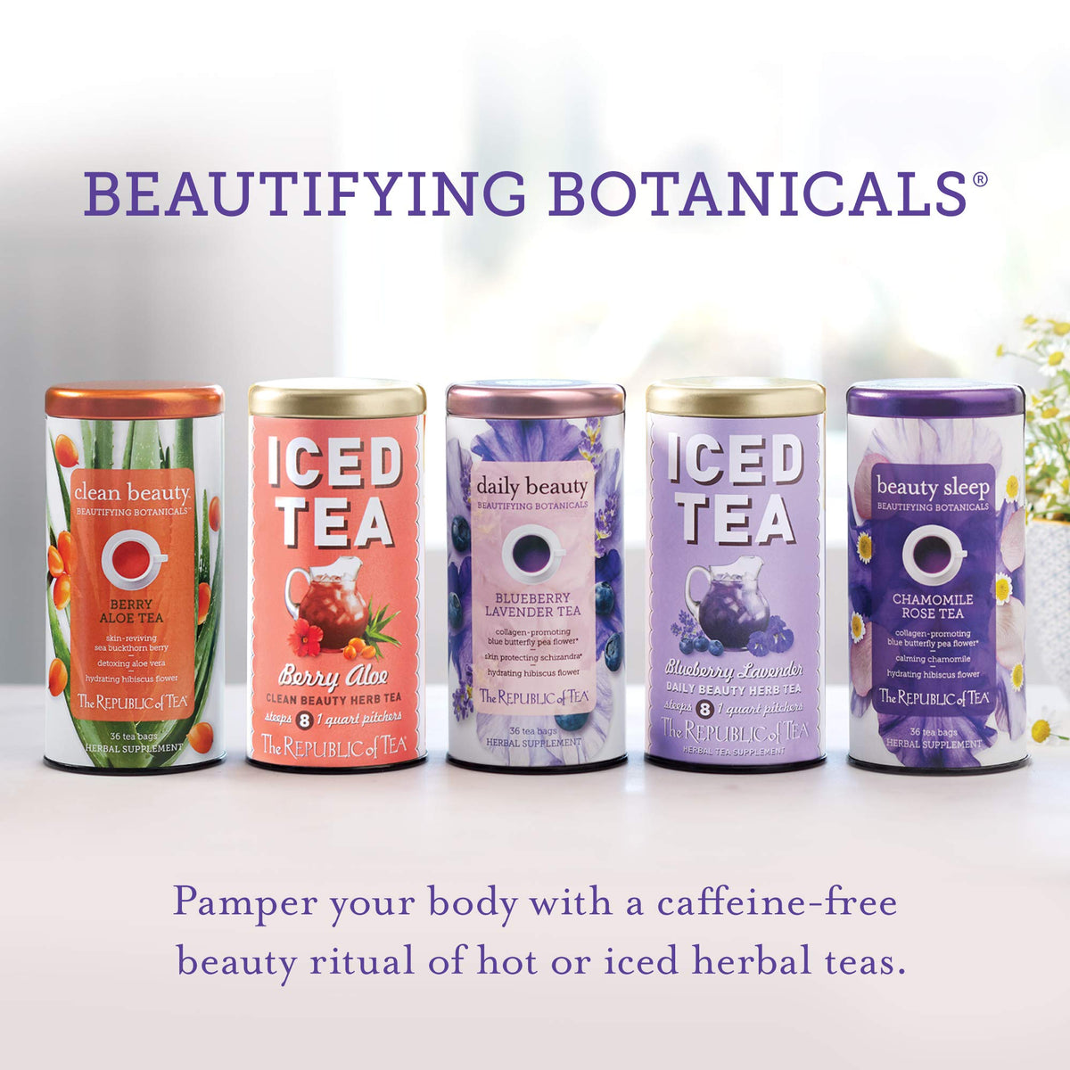 The Republic of Tea blueberry lavender iced tea over ice with lemon slice