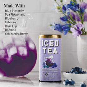 Beautifying Botanicals violet hue steeping with lemon wedge in pitcher