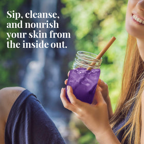 Beautifying Botanicals blueberry lavender tea being poured into a glass for cooling refreshment