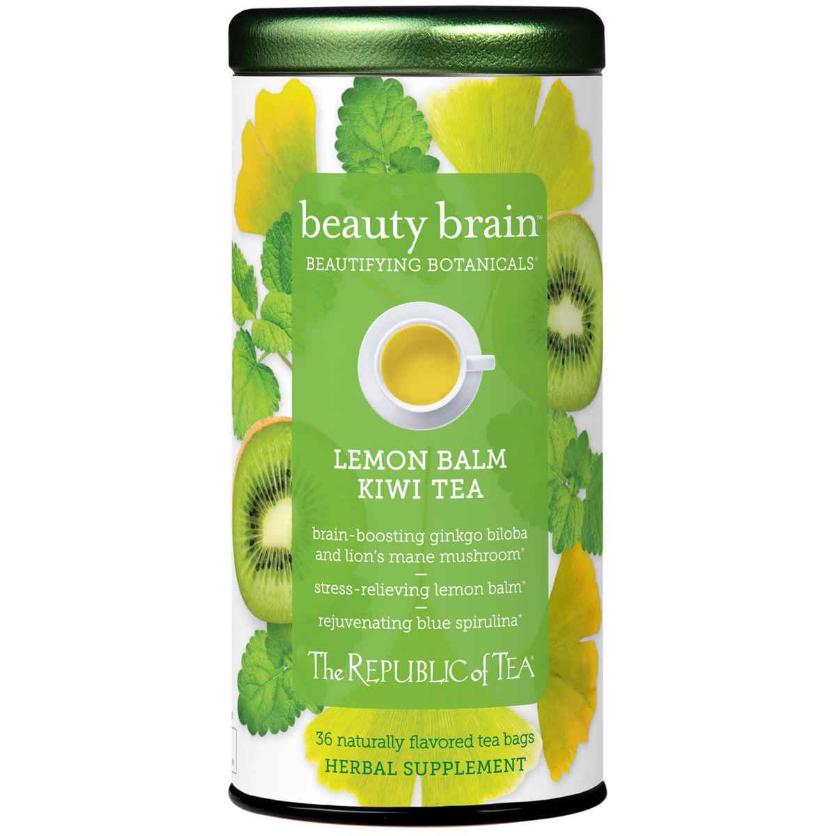 The Republic of Tea Beauty Brain Kiwi Tea bags in a cup for a refreshing, skin-friendly moment.